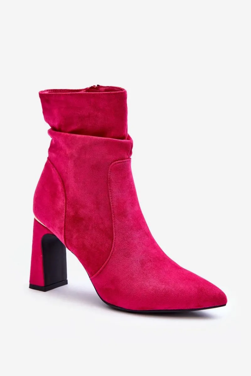 Hot Zamszowe Botki Na Słupku Fuksja Mellamene Damskie Botki Wiosenne|Botki Na Słupku