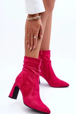 Hot Zamszowe Botki Na Słupku Fuksja Mellamene Damskie Botki Wiosenne|Botki Na Słupku