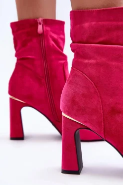 Hot Zamszowe Botki Na Słupku Fuksja Mellamene Damskie Botki Wiosenne|Botki Na Słupku