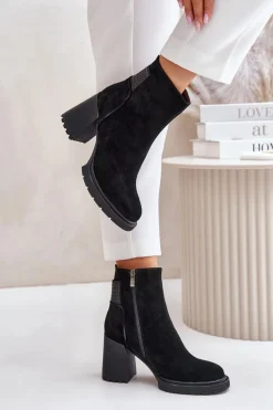 New Zamszowe Botki Na Słupku Ocieplane D&A CR42-106 Czarne Damskie Botki Ocieplane|Botki Na Słupku