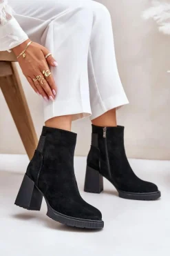 New Zamszowe Botki Na Słupku Ocieplane D&A CR42-106 Czarne Damskie Botki Ocieplane|Botki Na Słupku