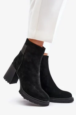 New Zamszowe Botki Na Słupku Ocieplane D&A CR42-106 Czarne Damskie Botki Ocieplane|Botki Na Słupku
