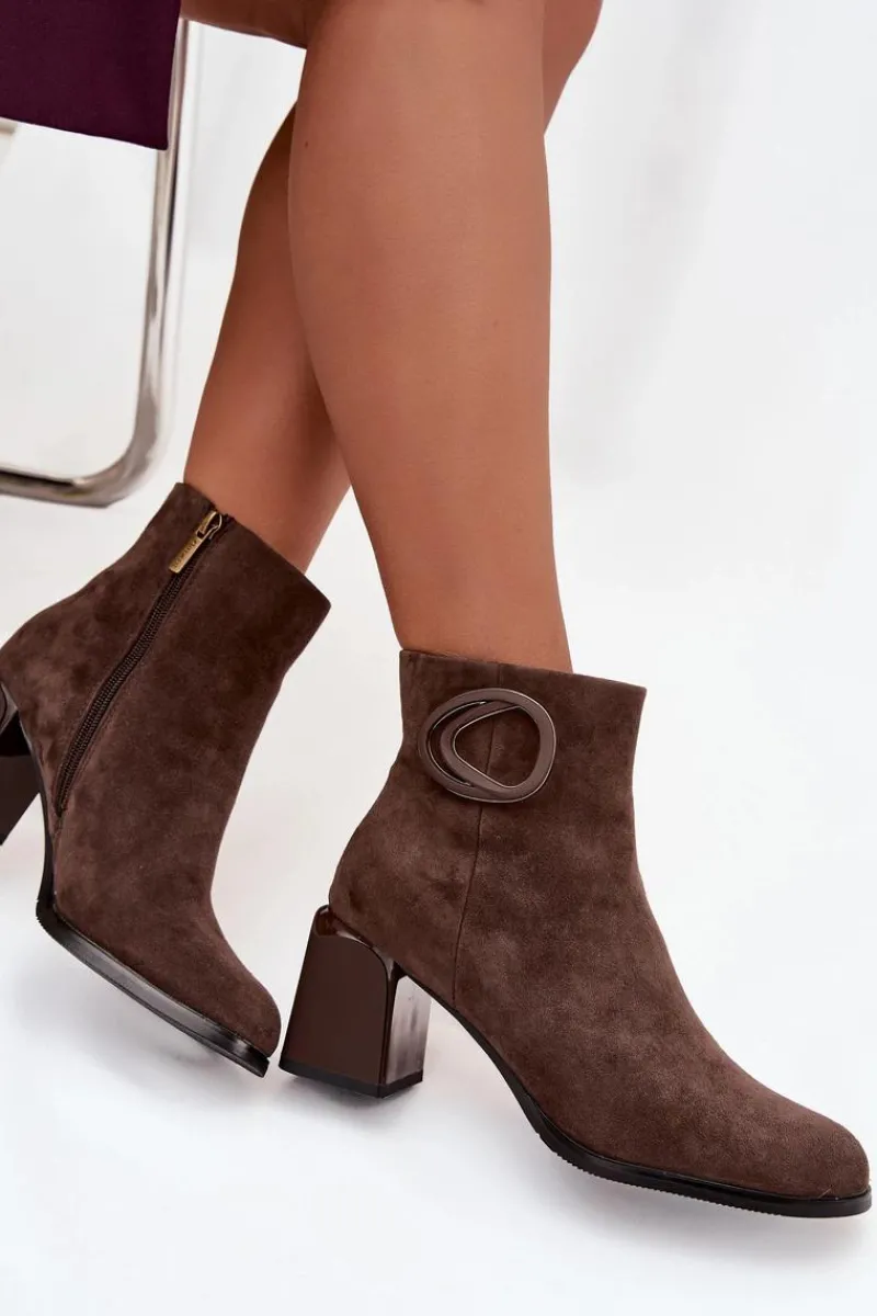 Online Zamszowe Botki Na Słupku Ocieplane Z Ozdobnym Detalem 57C0017 Brązowe Damskie Botki Ocieplane|Botki Skórzane