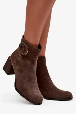 Online Zamszowe Botki Na Słupku Ocieplane Z Ozdobnym Detalem 57C0017 Brązowe Damskie Botki Ocieplane|Botki Skórzane