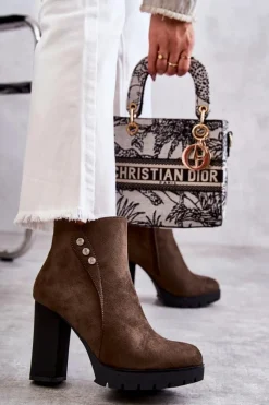 Zamszowe Botki Na Słupku Zielone Lagerlla Damskie Botki Na Słupku|Botki Na Obcasie