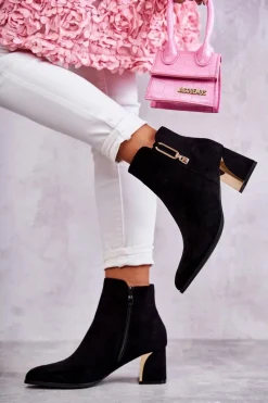 New Zamszowe Botki Na Słupku Z Ozdobą Czarne Erine Damskie Botki Na Słupku|Czarne Botki