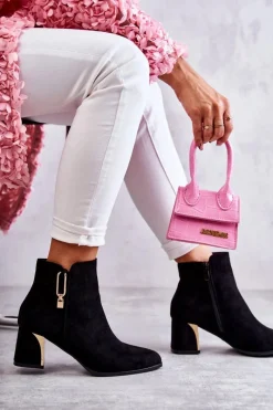 New Zamszowe Botki Na Słupku Z Ozdobą Czarne Erine Damskie Botki Na Słupku|Czarne Botki