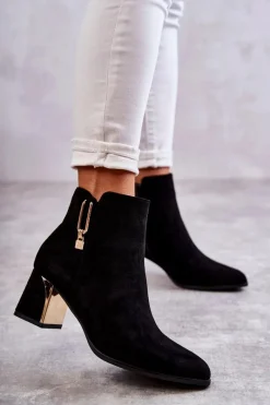 New Zamszowe Botki Na Słupku Z Ozdobą Czarne Erine Damskie Botki Na Słupku|Czarne Botki