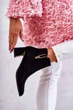 New Zamszowe Botki Na Słupku Z Ozdobą Czarne Erine Damskie Botki Na Słupku|Czarne Botki