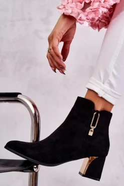New Zamszowe Botki Na Słupku Z Ozdobą Czarne Erine Damskie Botki Na Słupku|Czarne Botki
