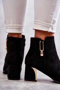 New Zamszowe Botki Na Słupku Z Ozdobą Czarne Erine Damskie Botki Na Słupku|Czarne Botki