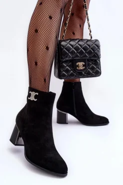 Clearance Zamszowe Botki Na Słupku Z Ozdobą Czarne Dwinja Damskie Czarne Botki|Brązowe I Beżowe Botki