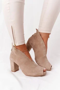 Clearance Boto Zamszowe Botki Na Słupku Z Wycięciem Exquisite 1243 Beżowe