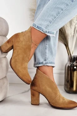 New Zamszowe Botki Na Słupku Z Wycięciem Exquisite 1231 Rude Damskie Botki Wiosenne|Botki Na Słupku