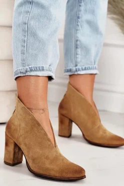 New Zamszowe Botki Na Słupku Z Wycięciem Exquisite 1231 Rude Damskie Botki Wiosenne|Botki Na Słupku