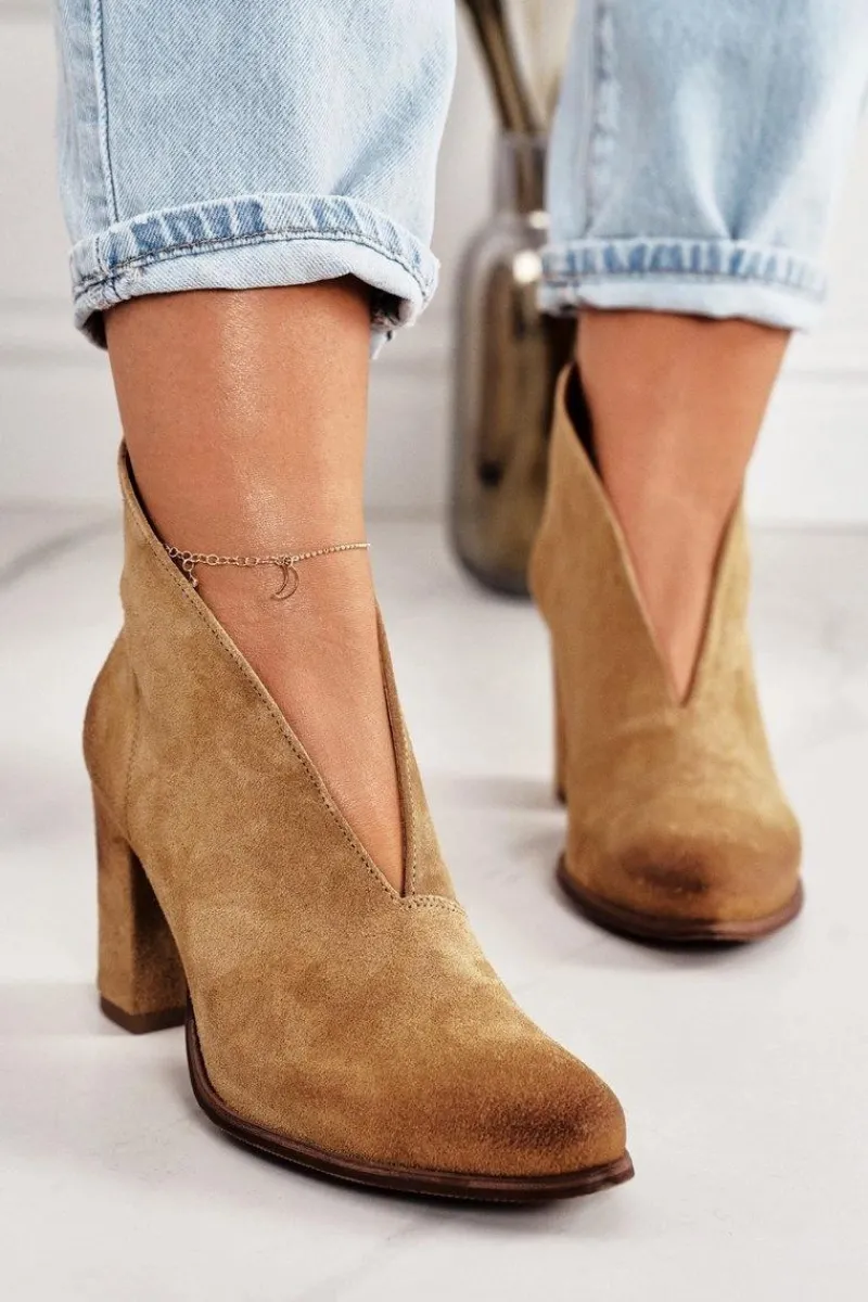 New Zamszowe Botki Na Słupku Z Wycięciem Exquisite 1231 Rude Damskie Botki Wiosenne|Botki Na Słupku