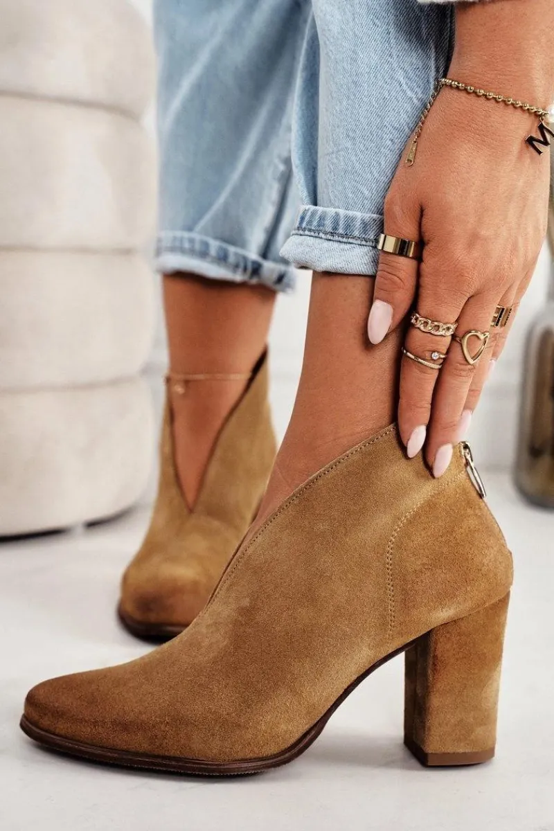 New Zamszowe Botki Na Słupku Z Wycięciem Exquisite 1231 Rude Damskie Botki Wiosenne|Botki Na Słupku
