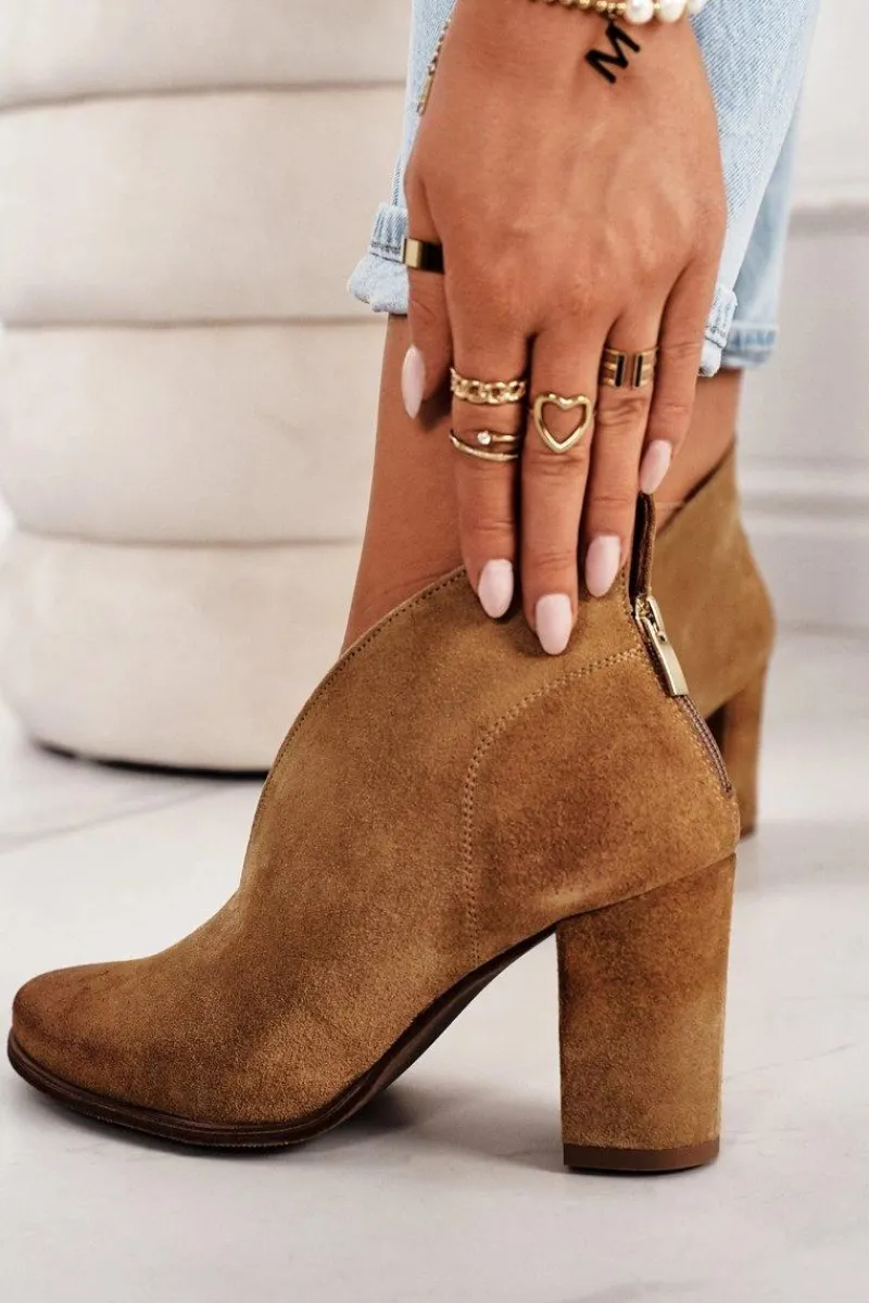 New Zamszowe Botki Na Słupku Z Wycięciem Exquisite 1231 Rude Damskie Botki Wiosenne|Botki Na Słupku