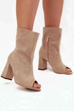 Outlet Zamszowe Botki Na Słupku Z Odkrytymi Palcami Zazoo 3830 Beżowe Damskie Botki Na Słupku|Brązowe I Beżowe Botki