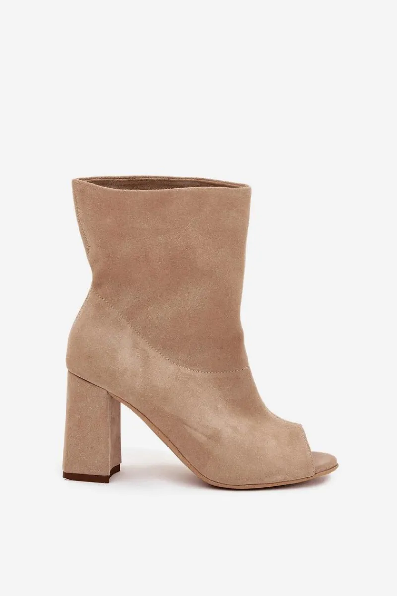 Outlet Zamszowe Botki Na Słupku Z Odkrytymi Palcami Zazoo 3830 Beżowe Damskie Botki Na Słupku|Brązowe I Beżowe Botki