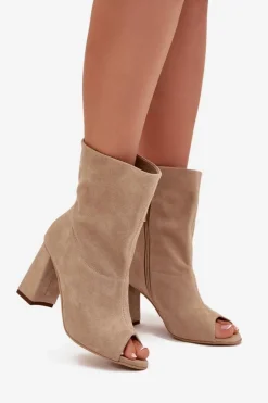 Outlet Zamszowe Botki Na Słupku Z Odkrytymi Palcami Zazoo 3830 Beżowe Damskie Botki Na Słupku|Brązowe I Beżowe Botki