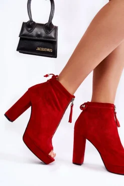 Sale Zamszowe Botki Na Suwak Czerwone Donnita Damskie Botki Sznurowane|Botki Na Słupku