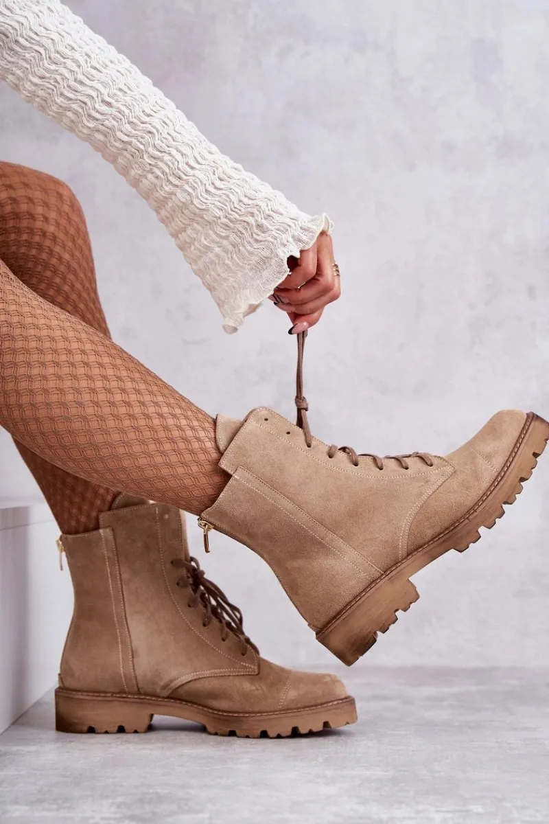 Discount Zamszowe Botki Na Suwak Nicole 2754 Beżowe Damskie Botki Wiosenne|Botki Sznurowane