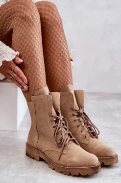 Discount Zamszowe Botki Na Suwak Nicole 2754 Beżowe Damskie Botki Wiosenne|Botki Sznurowane