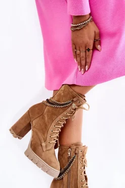 Clearance Zamszowe Botki Sznurowane Lewski Shoes 3244/G Beżowe Damskie Botki Wiosenne|Botki Skórzane