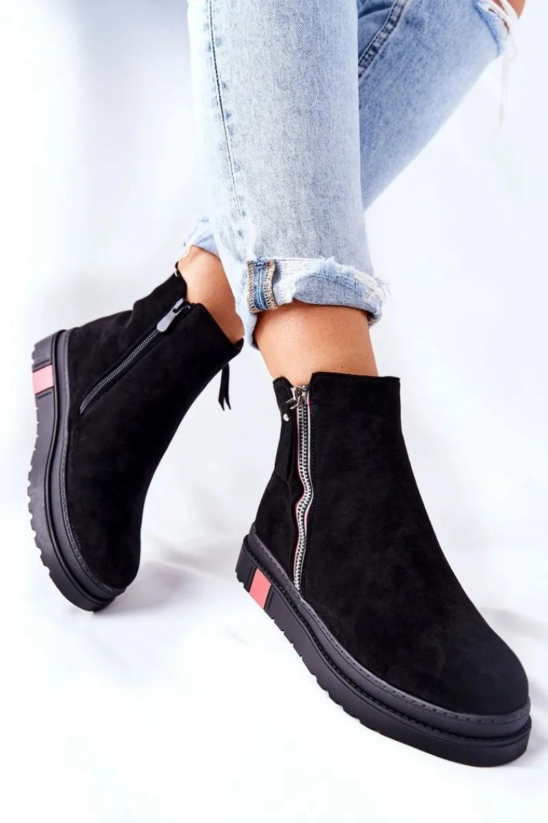 Czarne Botki|Botki Zimowe Damskie>Boto Zamszowe Botki Sztyblety Na Platformie Czarne Nessa