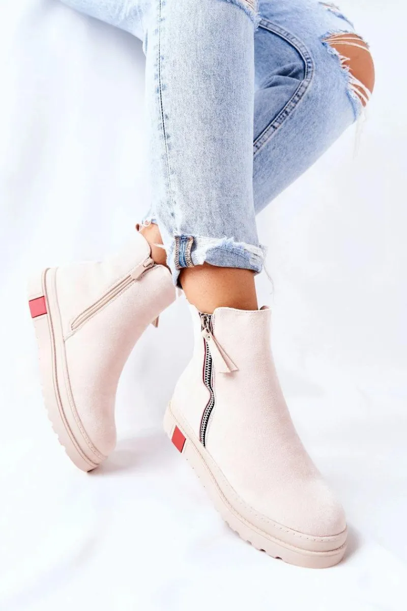 Czarne Botki|Botki Zimowe Damskie>Boto Zamszowe Botki Sztyblety Na Platformie Beżowe Nessa