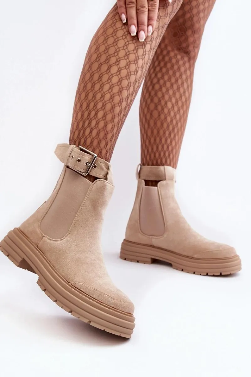 Sale Boto Zamszowe Botki Sztyblety Na Masywnej Podeszwie Jasnobeżowe Ozaro Beżowy