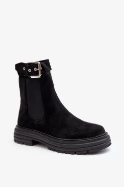 Online Zamszowe Botki Sztyblety Na Masywnej Podeszwie Czarne Ozaro Damskie Botki Ocieplane|Czarne Botki
