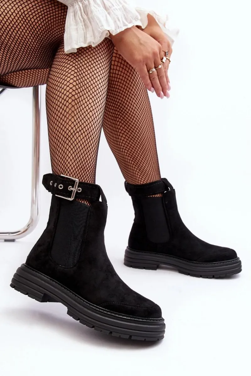 Online Zamszowe Botki Sztyblety Na Masywnej Podeszwie Czarne Ozaro Damskie Botki Ocieplane|Czarne Botki