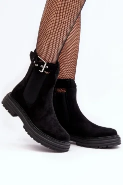 Online Zamszowe Botki Sztyblety Na Masywnej Podeszwie Czarne Ozaro Damskie Botki Ocieplane|Czarne Botki