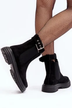 Online Zamszowe Botki Sztyblety Na Masywnej Podeszwie Czarne Ozaro Damskie Botki Ocieplane|Czarne Botki