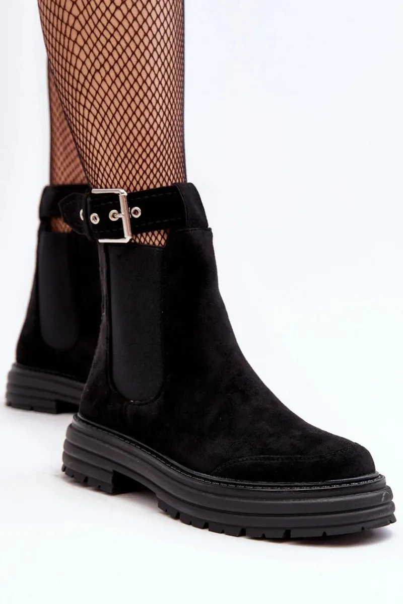 Online Zamszowe Botki Sztyblety Na Masywnej Podeszwie Czarne Ozaro Damskie Botki Ocieplane|Czarne Botki