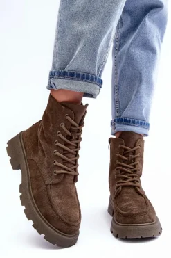 Best Zamszowe Botki Trapery Ocieplane Na Płaskim Obcasie Ciemnozielone Zikey Damskie Damskie Trapery|Botki Sznurowane