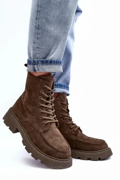 Best Zamszowe Botki Trapery Ocieplane Na Płaskim Obcasie Ciemnozielone Zikey Damskie Damskie Trapery|Botki Sznurowane