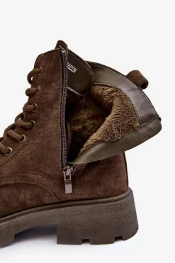 Best Zamszowe Botki Trapery Ocieplane Na Płaskim Obcasie Ciemnozielone Zikey Damskie Damskie Trapery|Botki Sznurowane