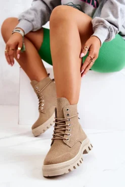 Damskie Trapery|Botki Sznurowane>Boto Zamszowe Botki Trapery Wiązane Ciemnobeżowe Hurricane