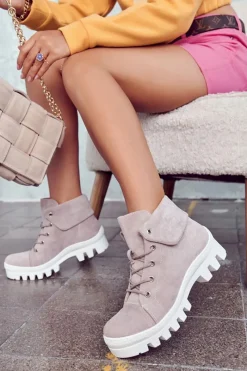 Botki Wiosenne|Damskie Trapery>Damskie buty S.Barski Zamszowe Botki Trapery Wiązane Jasnofioletowe Dalles Fioletowy