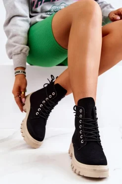 Boto Zamszowe Botki Trapery Wiązane Czarne Hurricane