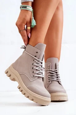 New Zamszowe Botki Trapery Wiązane Szare Hurricane Damskie Damskie Trapery|Botki Sznurowane