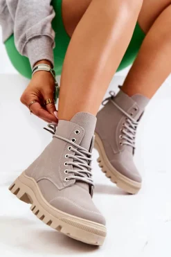 New Zamszowe Botki Trapery Wiązane Szare Hurricane Damskie Damskie Trapery|Botki Sznurowane