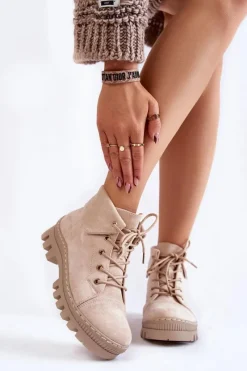 Outlet Damskie buty S.Barski Zamszowe Botki Trapery Wiązane Jasnobeżowe Dalles Beżowy