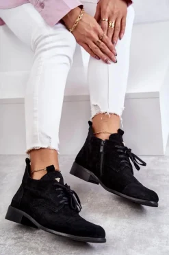 Hot Boto Zamszowe Botki Trzewiki Sznurowane Nicole 2781 Czarne