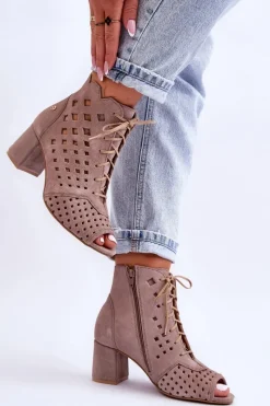 Clearance Zamszowe Botki W Ażurowy Wzór 05966-10 Ciemnobeżowe Damskie Botki Wiosenne|Botki Maciejka