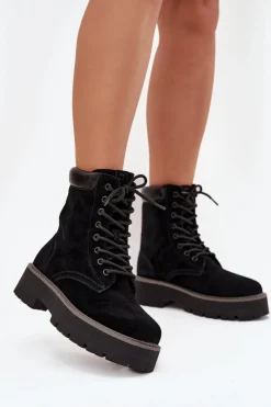 Outlet Big Star Shoes Zamszowe Botki Workery Damskie Sznurowane Big Star SS274791 Czarne Czarny