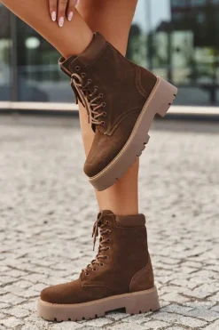 Outlet Zamszowe Botki Workery Damskie Sznurowane Big Star SS274792 Brązowe Damskie Botki Ocieplane|Damskie Trapery